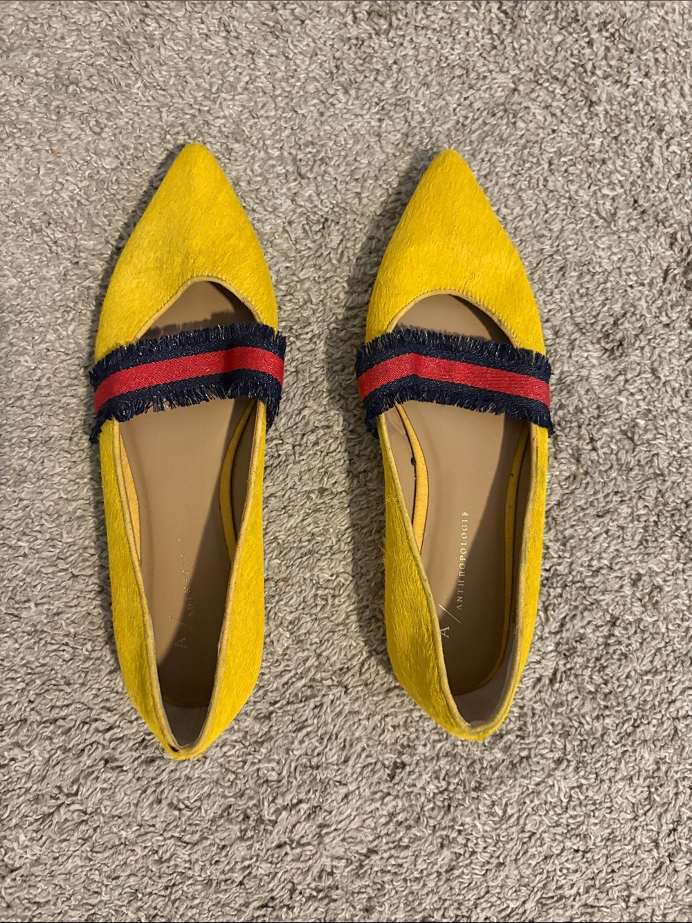 Anthropologie Bright Yellow Pointed Flats with Fringed Navy and Red Strap